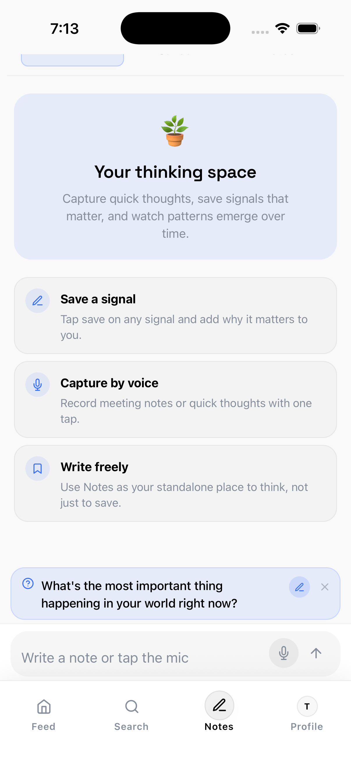 Notes tab — save signals and capture quick thoughts