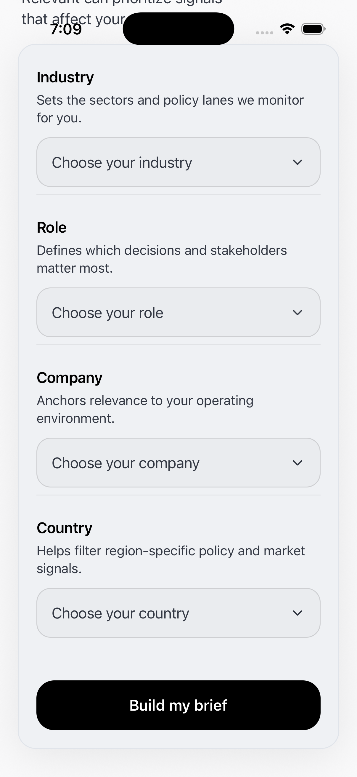 Relevant app onboarding — set your industry, role, company, and country