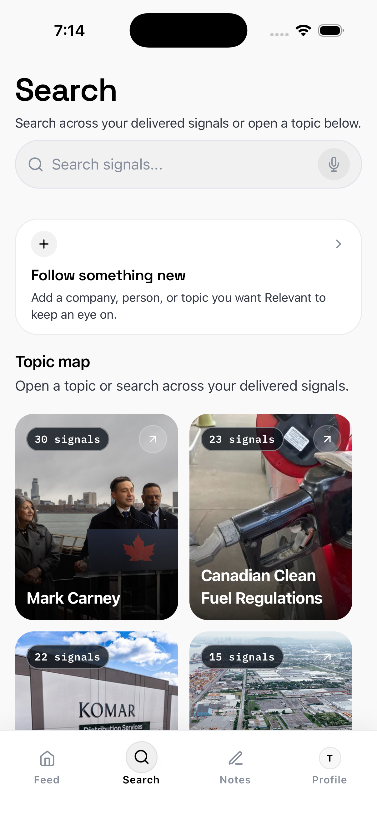 Search and topic map — follow companies, people, and topics